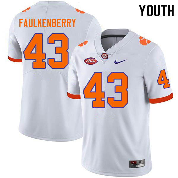 Youth #43 Riggs Faulkenberry Clemson Tigers College Football Jerseys Sale-White